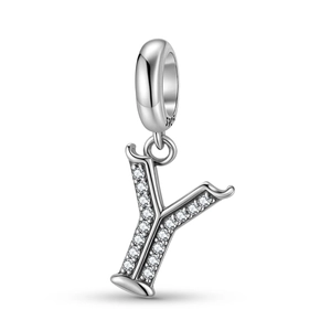 Detailed view of S925 sterling silver Letter Y charm with pavé cubic zirconia and S925 stamp