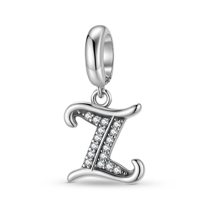 Macro shot of S925 sterling silver letter Z charm with pavé cubic zirconia and S925 stamp