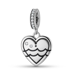 Detailed close-up of S925 sterling silver heart charm with black enamel and zircons