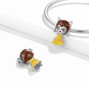 Pulsera de cuentas en plata S925 con amuleto de princesa en esmalte amarillo y cadena