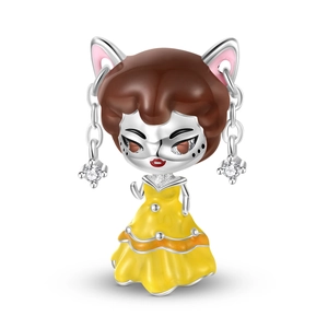 Abalorio de Princesa Bella de Plata de Ley 925 Esmalte Diamante de Imitación Vestido Amarillo Colgante de Niña para DIY Pulsera