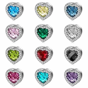Ciondoli a cuore in argento sterling S925 con 12 colori di pietre portafortuna sfaccettate