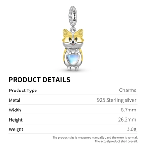 Detailed specs of S925 silver corgi charm with moonstone heart and 14k gold plating