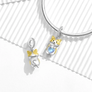 S925 silver Corgi dog pendant with heart moonstone and gold accents on snake chain