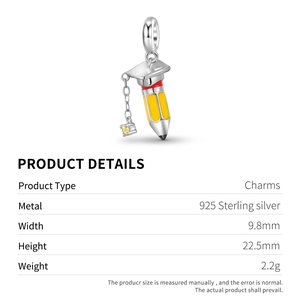 Detailed close-up of S925 sterling silver pencil charm with graduation cap and yellow zircon