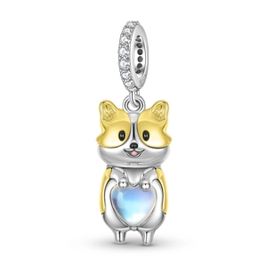 925 Sterling Silver Cute Corgi Dog Moonstone Pendant Heart Rhinestone Charm For DIY Bracelet Necklace Making Women Jewelry