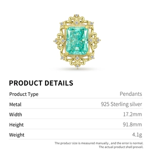 Macro detail of vintage 925 silver pendant with emerald-cut green gemstone and dimensions
