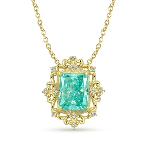Vintage Palace Style 925 Sterling Silver Necklace Pendant For Women 14K Gold Plated Green Rhinestone Jewelry Necklaces