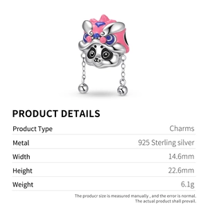 Dettaglio macro dello charm panda danza del leone in argento S925 con misure e peso