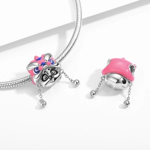 Charm panda in argento S925 con cappello da leone danzante e smalto rosa per gioielli fai da te