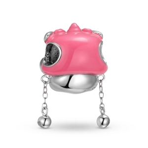 Charm panda danza del leone in argento S925 con smalto rosa e catenelle con perline