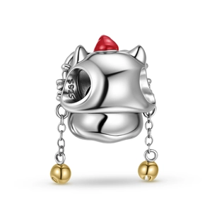 S925 Sterlingsilber Löwentanz-Anhänger mit rotem Edelstein und goldener Glocke