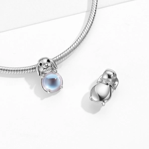 S925 sterling silver bunny charm bead with iridescent moonstone for DIY bracelets