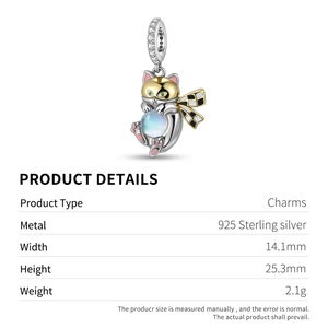 Detailed view of S925 silver cat charm with moonstone effect and 14k gold plating