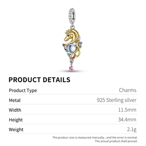 Detail view of 925 silver unicorn charm showing 34.4mm height and colored stones