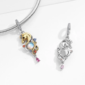 Two-tone S925 silver seahorse charm pendant with opal bead and colorful zircon inlay