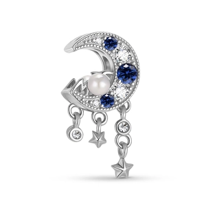 Charm lune en argent 925 avec pierres bleues, étoiles en zircon et perle blanche