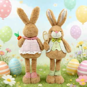 Easter bunny plush figurines with carrot and tennis racket in a soft spring garden