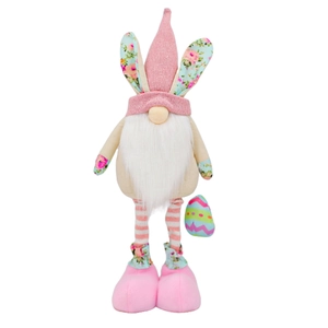 Easter gnome plush with pink knitted hat, rabbit ears, and long legs for home decor