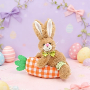 Easter plush brown rabbit doll with lace bow on carrot pillow seasonal gift