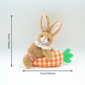 Plush brown Easter bunny with lace collar and carrot toy, size 19cm by 22cm shown on white