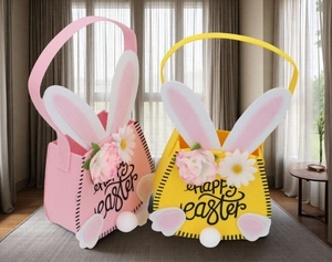 Detail of felt Easter baskets with bunny ears, floral accents, and plush tail decorations
