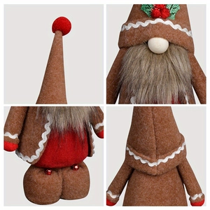 Christmas gingerbread gnome doll with brown felt hat, grey beard and red bells decoration
