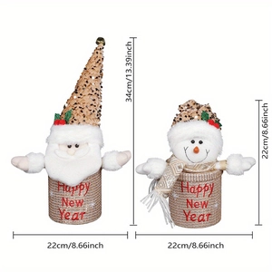 Sequin Santa and Snowman jars with Happy New Year embroidery, 34cm festive decor