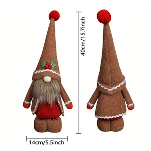 Front and back view of 40cm Christmas gingerbread gnome plush toy with red hat and gray beard