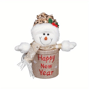 Close-up of snowman gift basket with Happy New Year embroidery and gold sequins