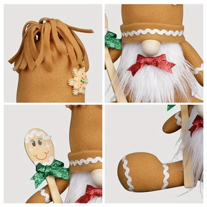 Plush Christmas khaki gingerbread gnome with knit fabric and wooden spoon ornament