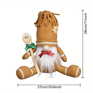 Plush Christmas gingerbread gnome sitting doll with striped hat and wooden spoon 28cm