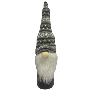 Christmas gnome wine bottle cover with knitted grey hat and white faux fur beard decor