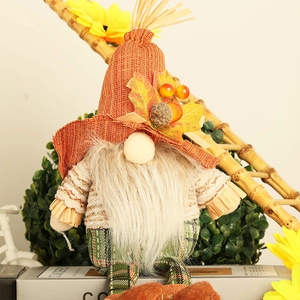Harvest gnome plush with maple leaf straw hat and plaid legs for Thanksgiving decor