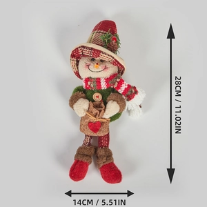 Cute Christmas snowman doll ornament with red plaid hat and measurement details