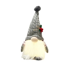 Lighted Christmas gnome plush with gray knit hat and red berries on white background