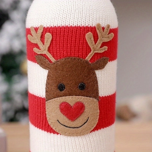Christmas striped knitted wine bottle cover with reindeer motif for holiday table decor