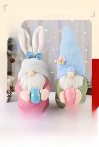 Detail of Easter gnomes with rabbit ears holding colorful eggs in a warm indoor setting