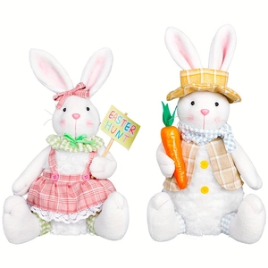 Easter bunny plush toys set with carrot and Easter Hunt sign for festive home decoration