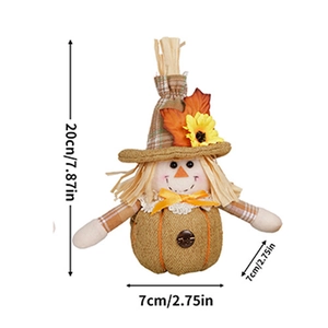 Detailed size view of an autumn scarecrow pumpkin doll with sunflower and maple leaf