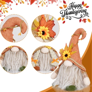 Lighted Thanksgiving gnome plush with sunflower, maple leaves and orange knitted hat