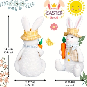 Easter plush bunny pair holding carrots in yellow plaid vests and hats, 37cm home decor
