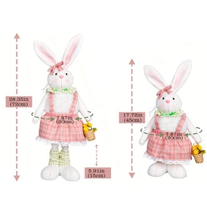 Detailed size comparison for Easter bunny plush dolls in pink skirts, 72cm and 45cm heights