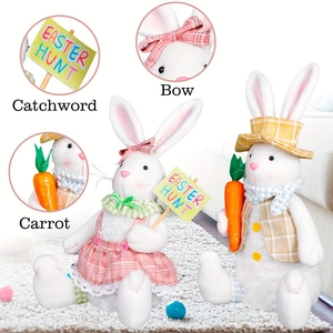 Cute Easter bunny figurines set with plaid outfits holding a carrot and Easter hunt sign