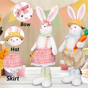Easter plush bunny set with telescopic long legs, floral basket and carrot decor