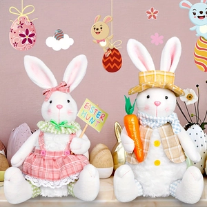 Easter plush bunny set with pink dress and carrot props on soft pink background