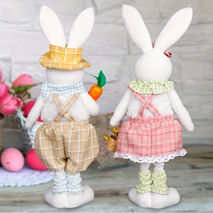 Detailed plush Easter bunny set with plaid outfits holding carrot and flower basket