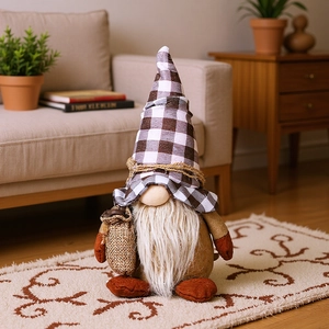 Farmhouse coffee gnome plush decoration with plaid hat and burlap sack on table