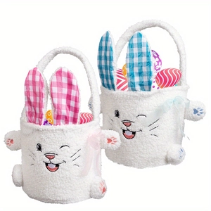 Easter Bunny Plush Basket Gift Bag For Kids Cute Rabbit Storage Bag With Gingham Ears Festive Party Decoration Gift Bag