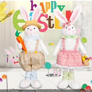 Standing Easter bunny plush set with telescopic legs, carrot and flower basket decor